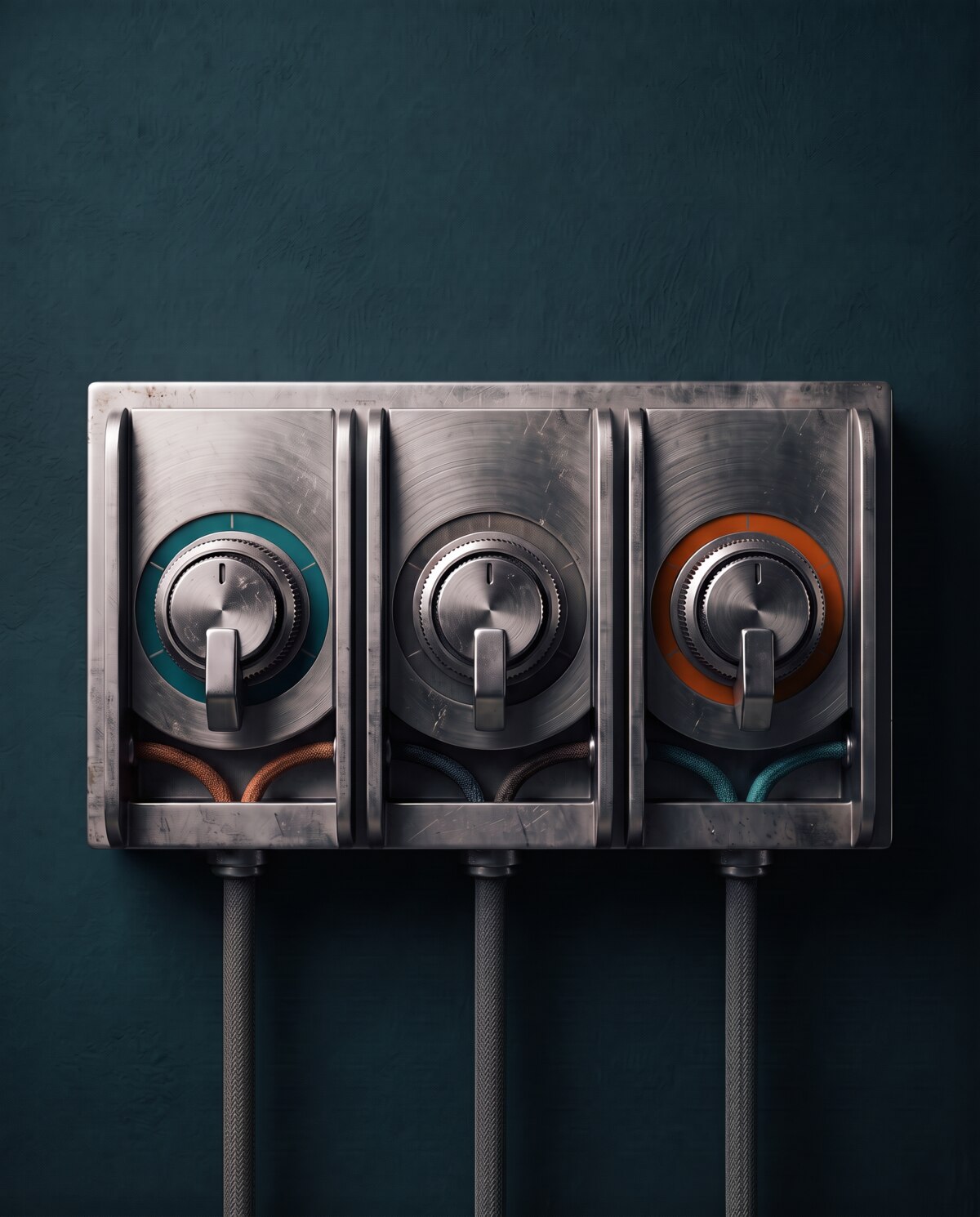 Three mechanical rotary selector switches on a vintage industrial control panel