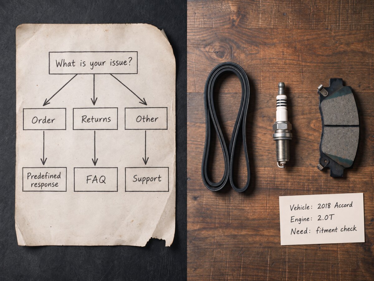 Split illustration, chatbot flowchart on paper alongside auto parts with fitment check note