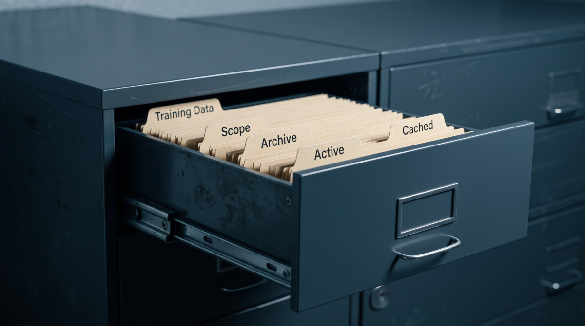 Steel filing cabinet drawer with labeled folder tabs