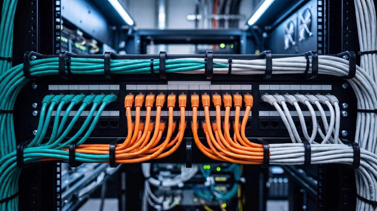 Server rack patch panel with teal, orange, and white ethernet cables