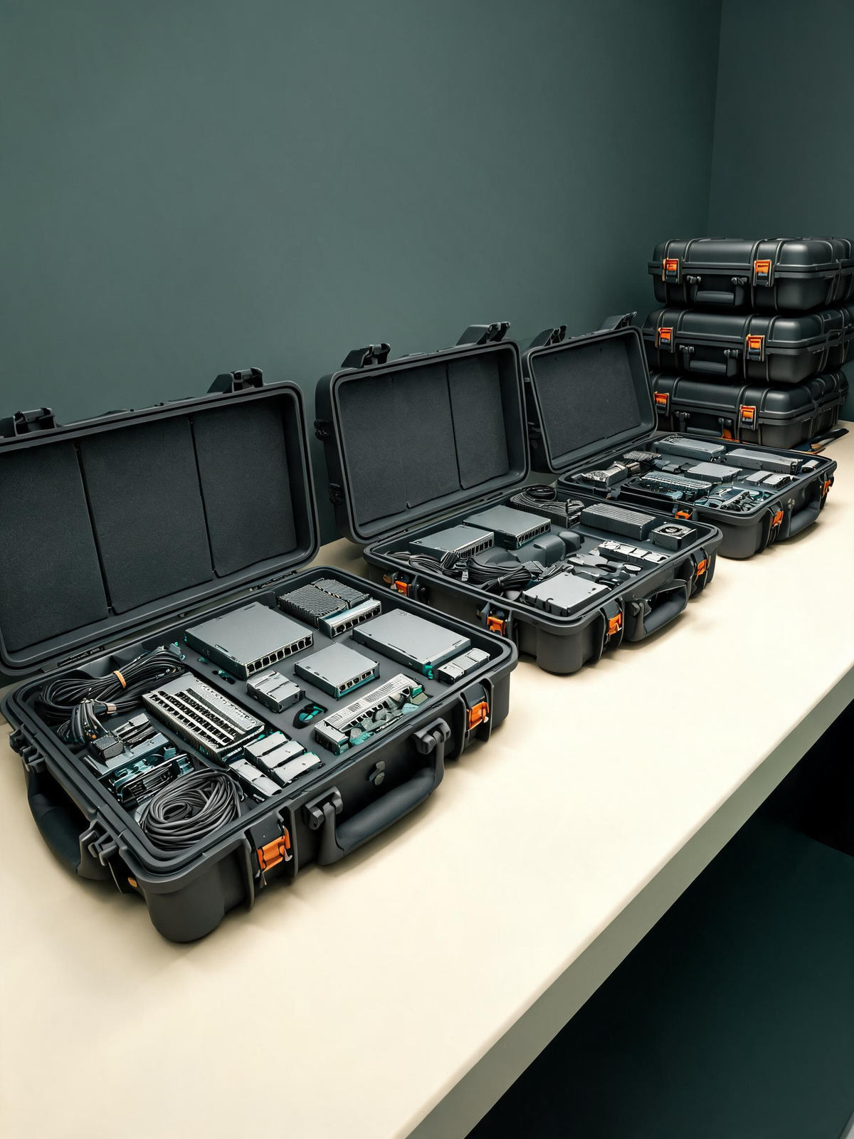 Row of rugged equipment cases opened left to right, revealing infrastructure hardware