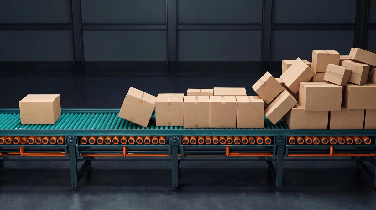 Warehouse conveyor showing packages progressing from normal spacing to a visible pileup