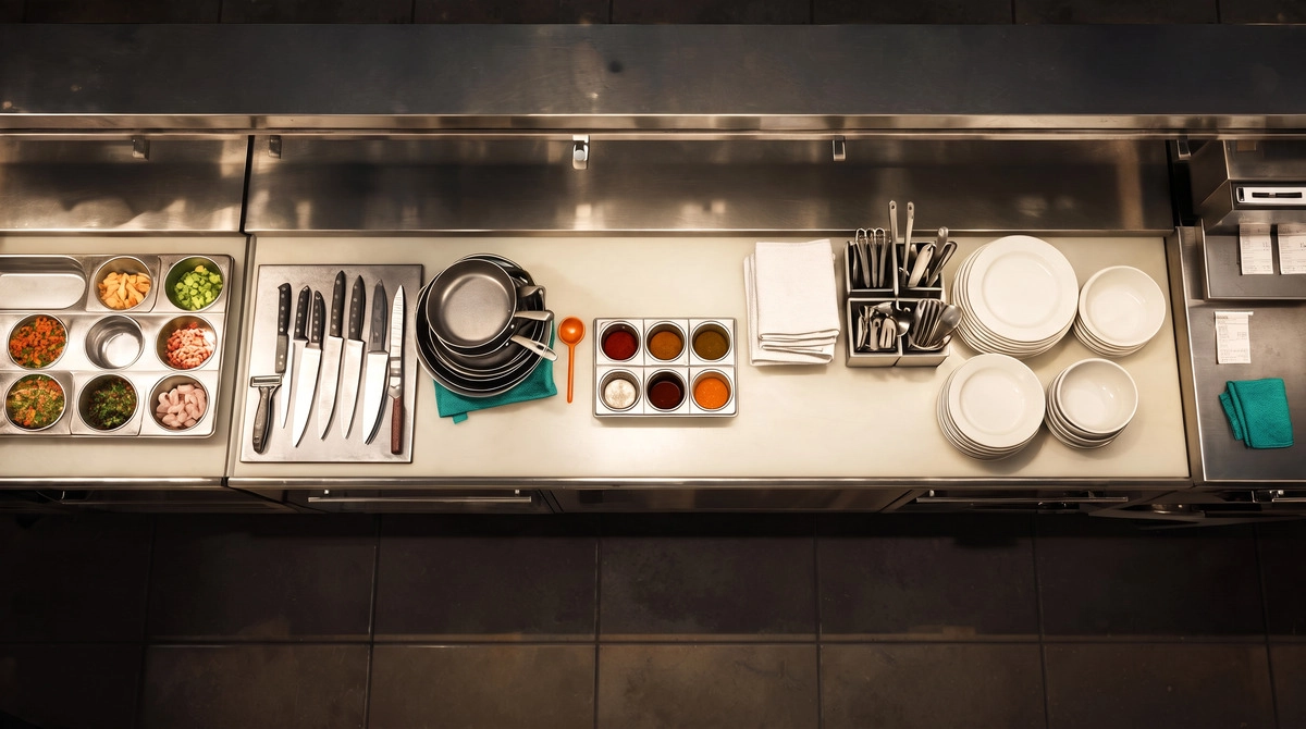 Overhead view of a restaurant kitchen staged with seven prep stations before service