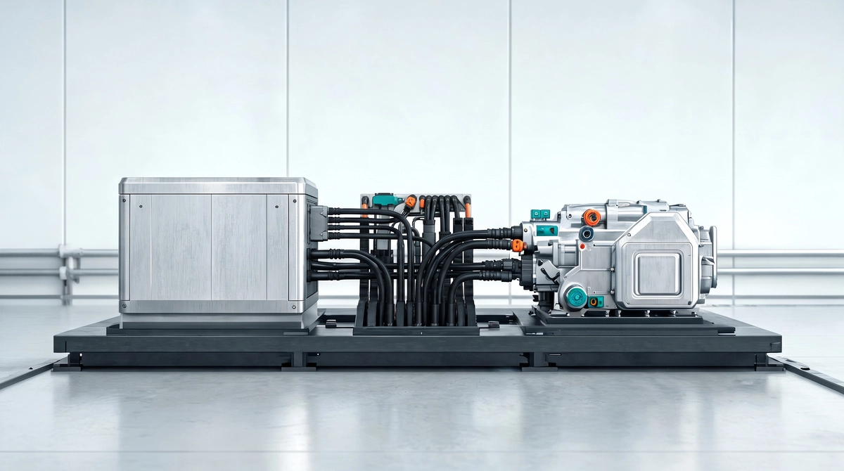 Exploded machine assembly showing distinct compute, routing, and drivetrain subsystems